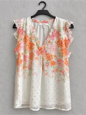 Haven + Blair Floral Blouse XS Ivory Pink Orange Gold Foil Ruffle V-Neck Lined
